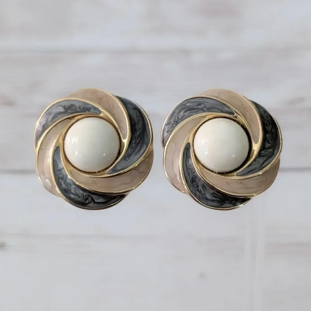 Vintage Trifari Clip On Earrings Large Statement Grey & Beige